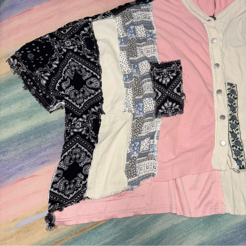 Pol Patchwork Chambray Printed Top Button Down Ov… - image 7